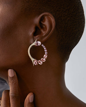 Detailed view of white diamond pavé on the Forbidden Fruit Morganite Hoop Earrings in 18 ct white gold