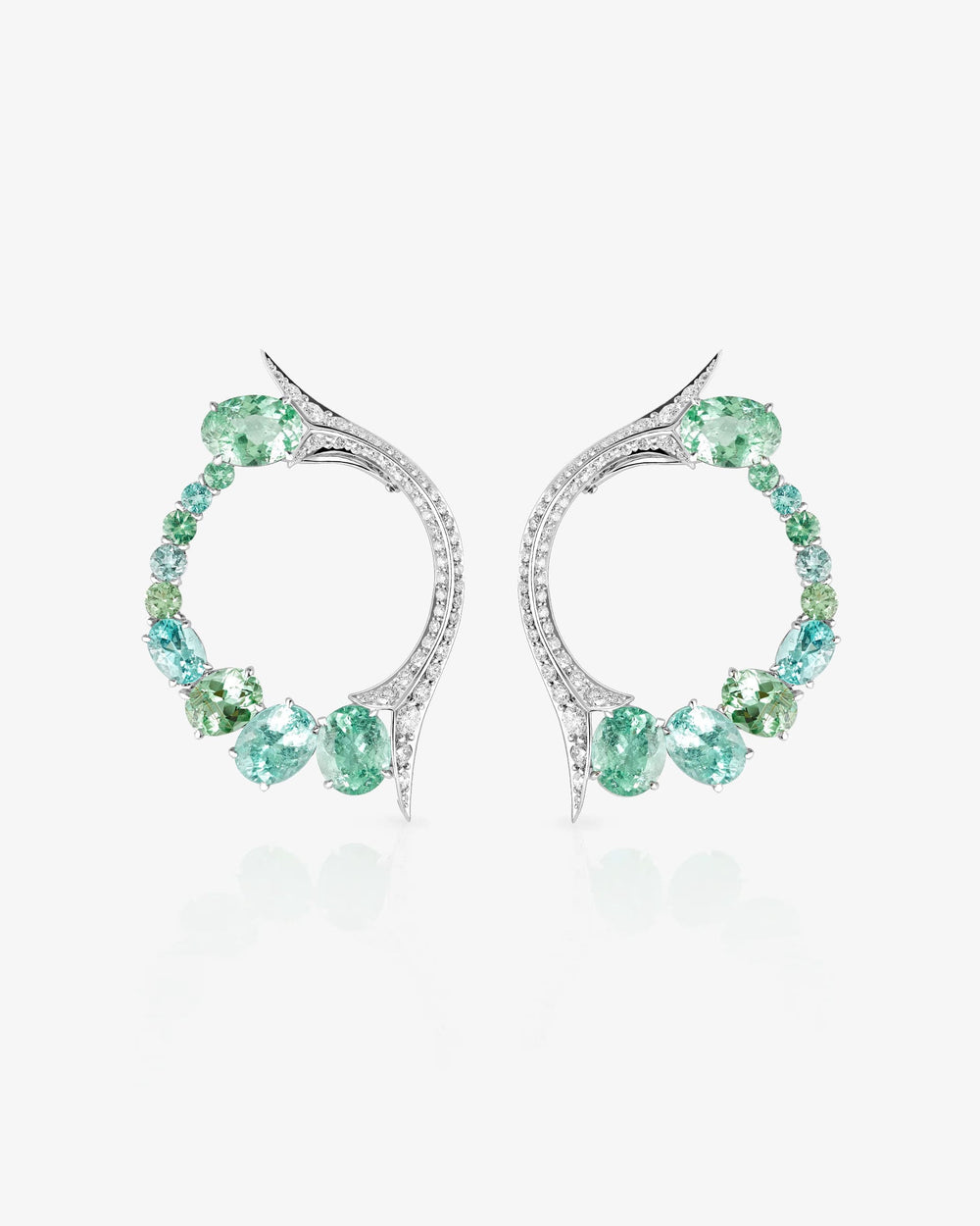 Forbidden Fruit Paraiba Hoop Earrings in 18ct white gold with vivid Paraiba tourmalines and white diamond pavé, luxury fine jewellery hoops