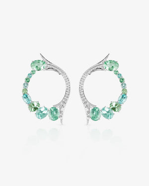 Forbidden Fruit Paraiba Hoop Earrings in 18ct white gold with vivid Paraiba tourmalines and white diamond pavé, luxury fine jewellery hoops