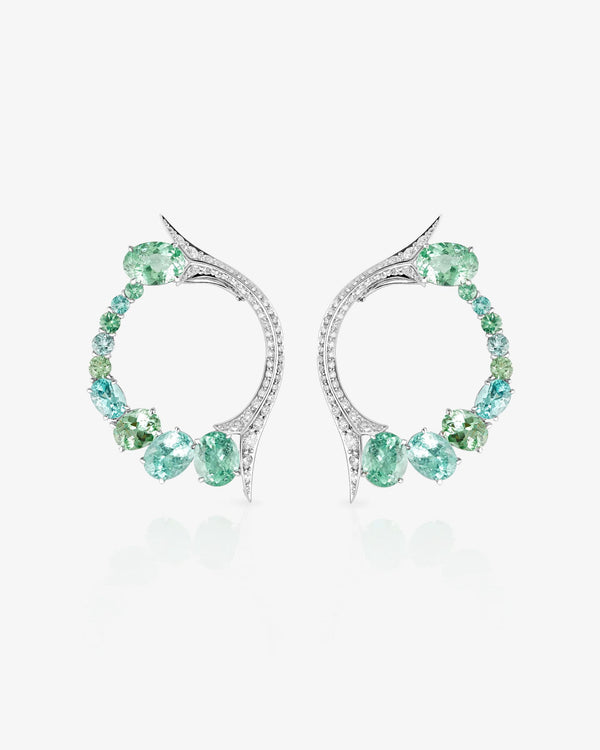 Forbidden Fruit Paraiba Hoop Earrings in 18ct white gold with vivid Paraiba tourmalines and white diamond pavé, luxury fine jewellery hoops