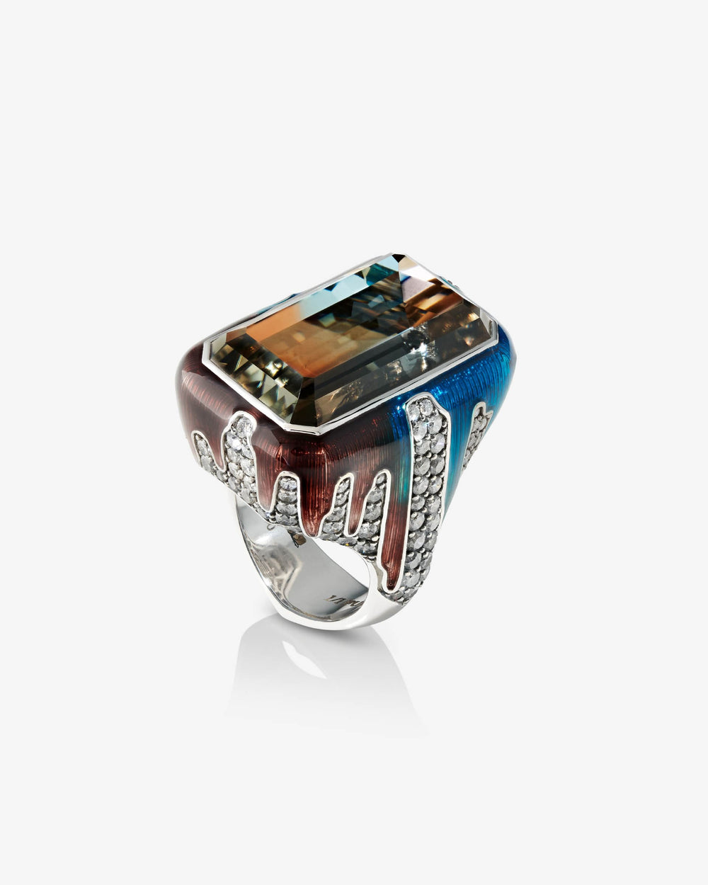 Full Bleed ring in 18 ct white gold with bi-colour blue tourmaline centre and grey & white diamonds — front view