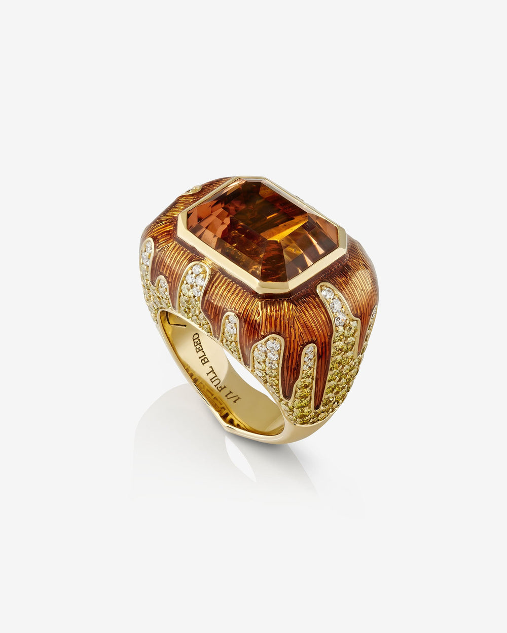 Full Bleed ring in 18 ct yellow gold with central Falls Gold tourmaline and brown & white diamonds — front view