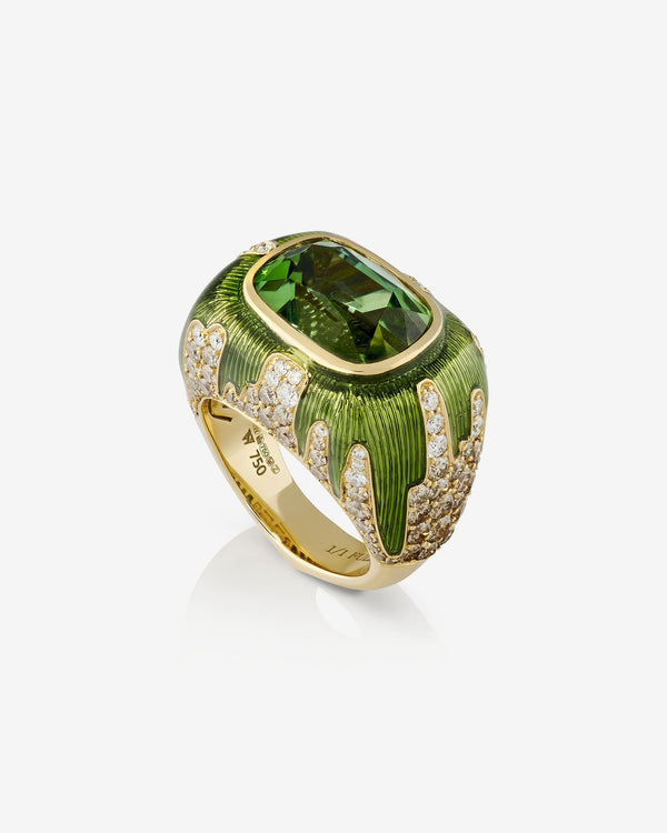 Full Bleed ring in 18 ct yellow gold with green-grey tourmaline centre and graduated brown & white diamonds — front view