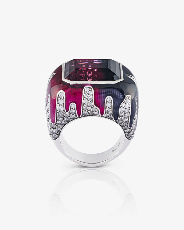 Side profile of Full Bleed Ring showing bi-colour tourmaline and diamond shoulders on white-gold band