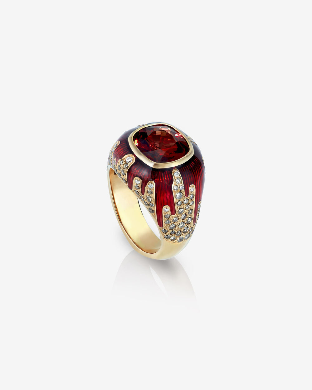 Full Bleed ring in 18 ct yellow gold with central orange-red spinel, graduated brown & white diamonds — front view