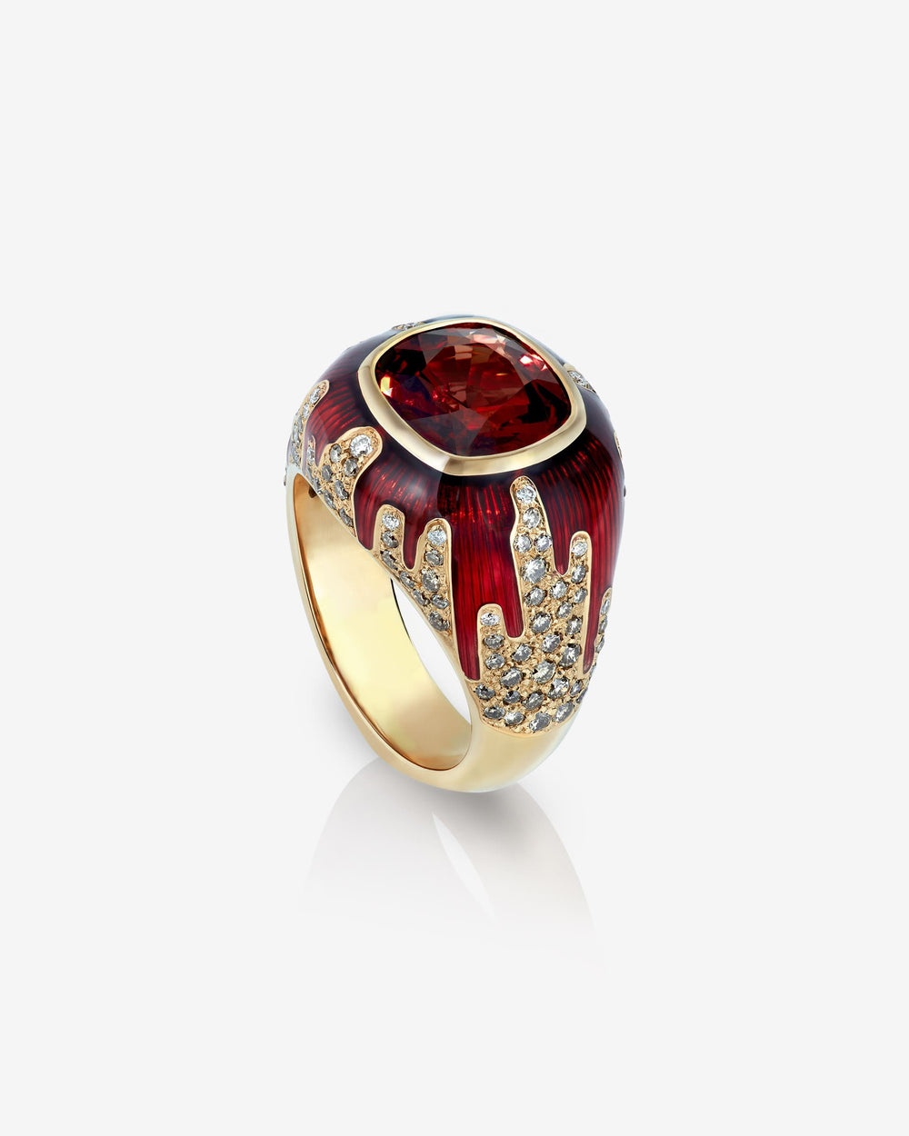 Full Bleed ring in 18 ct yellow gold with central orange-red spinel, graduated brown & white diamonds — front view