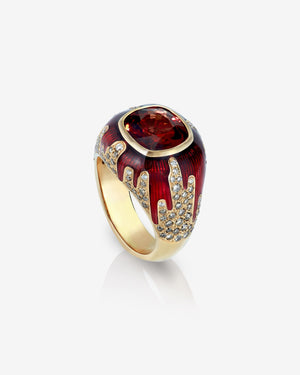 Full Bleed ring in 18 ct yellow gold with central orange-red spinel, graduated brown & white diamonds — front view