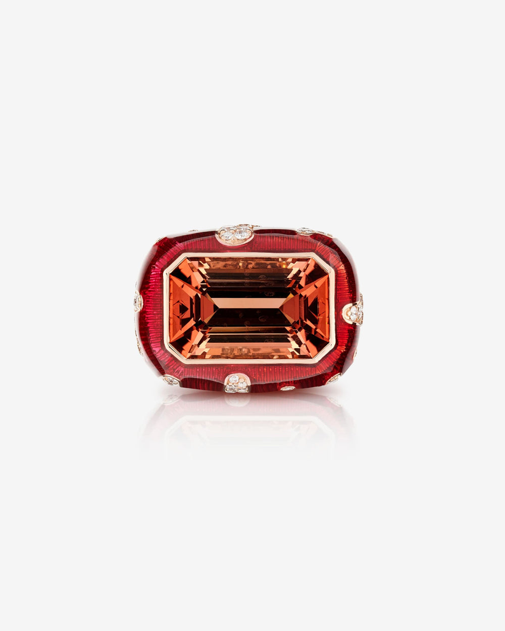 Full Bleed ring in 18 ct rose gold with bi-colour peach tourmaline centre and brown & white diamonds — front view