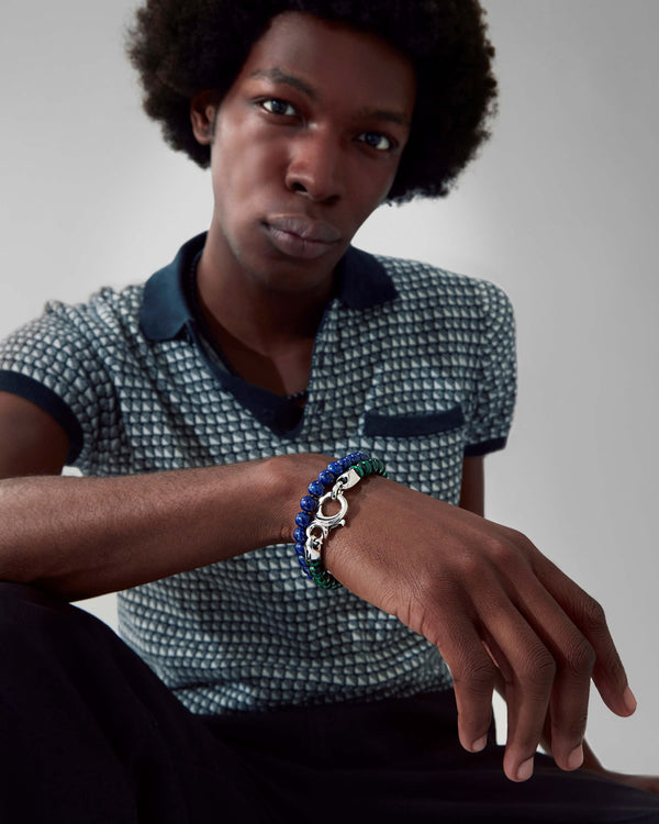Full-body model image featuring Stephen Webster Thorn Beaded Bracelet with blue lapis styled as luxury men’s jewellery