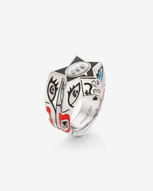 Stephen Webster × Machine Gun Kelly Gossip Ring Edition Eight in sterling silver with black enamel star — front view