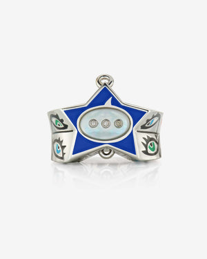 Close-up of electric-blue enamel star and sterling-silver finish on the Stephen Webster × Machine Gun Kelly Gossip Ring
