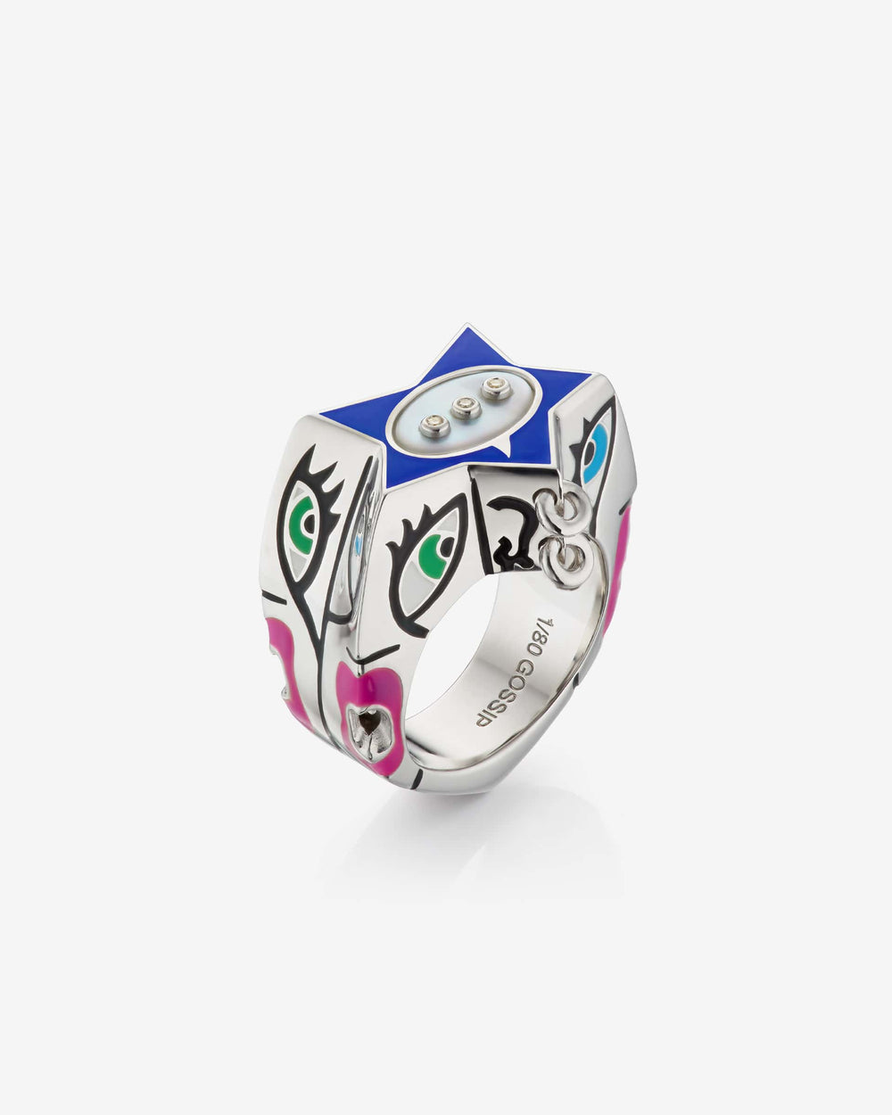 Stephen Webster × Machine Gun Kelly Gossip Ring Edition Eight in sterling silver with electric-blue enamel star — front view