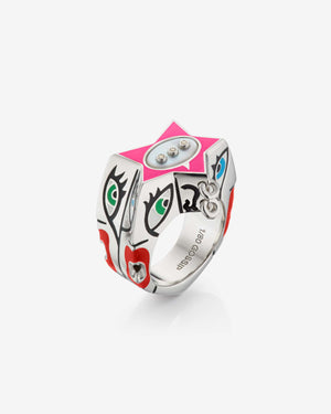 Stephen Webster × Machine Gun Kelly Gossip Ring Edition Eight in sterling silver with pink enamel star — front view