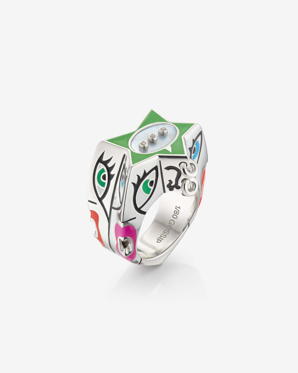 Stephen Webster × Machine Gun Kelly Gossip Ring Edition Seven in sterling silver with neon-green enamel star — front view