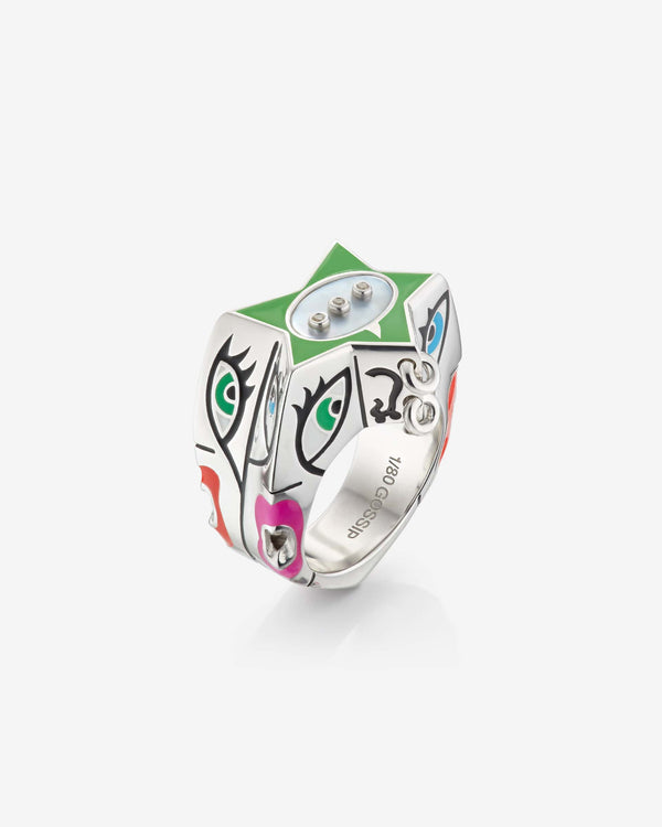 Stephen Webster × Machine Gun Kelly Gossip Ring Edition Seven in sterling silver with neon-green enamel star — front view