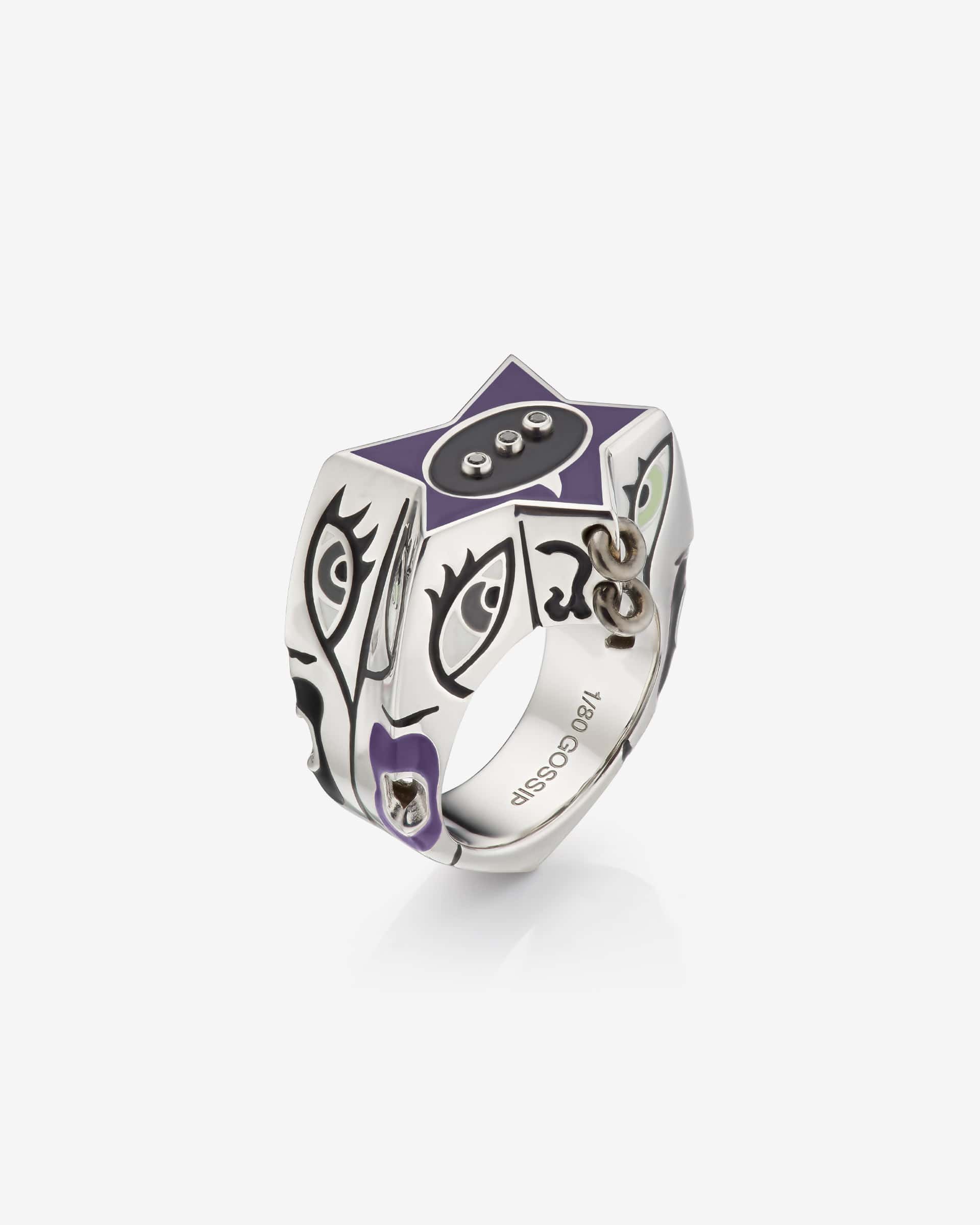 Stephen Webster × Machine Gun Kelly Gossip Ring Edition — sterling silver with deep-purple enamel star — front view