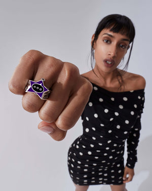 Stephen Webster × Machine Gun Kelly Gossip Ring — rotated view showing full enamel-star design in silver