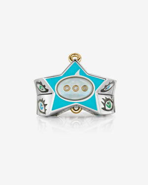 Close-up of turquoise enamel star and sterling-silver finish on Stephen Webster × Machine Gun Kelly Gossip Ring
