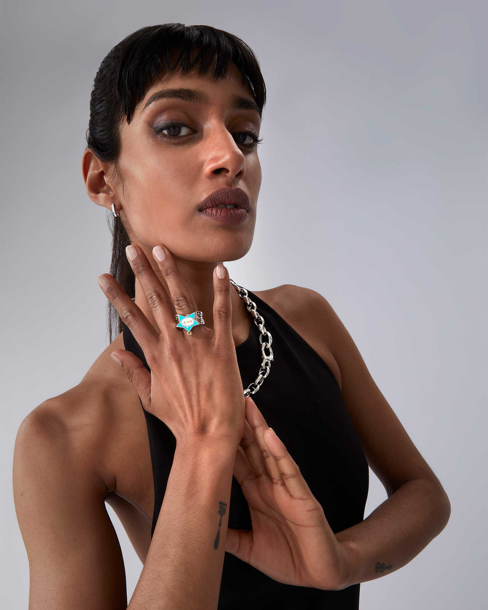 Stephen Webster × Machine Gun Kelly Gossip Ring in sterling silver with turquoise enamel star — front view