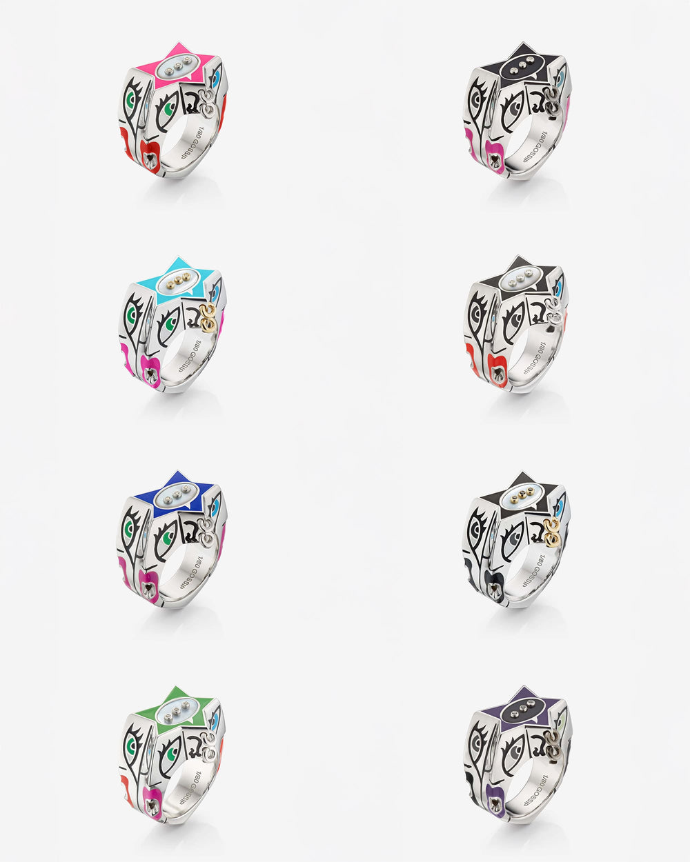 Stephen Webster × Machine Gun Kelly Gossip Set of 8 Rings — sterling silver boxed collection showing eight enamel-star rings