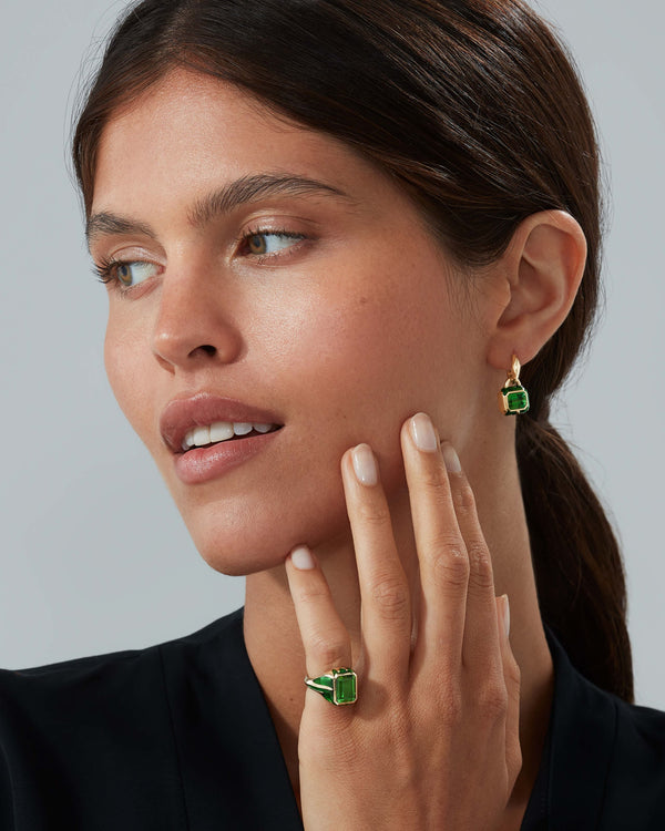 Green Tourmaline gem drop earrings styled with Stephen Webster luxury jewellery