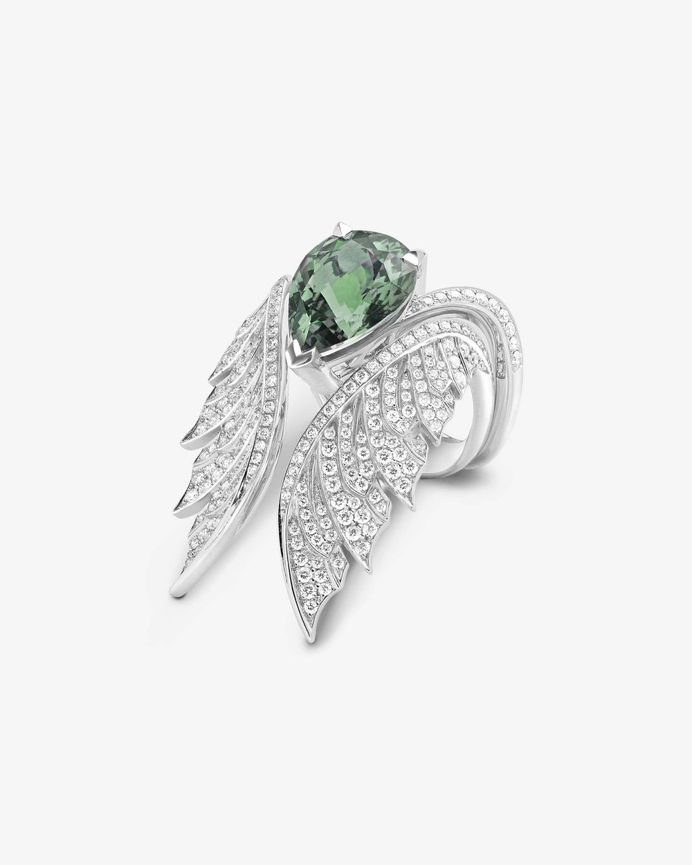 Green Tourmaline Pear Inner Cocktail Ring in 18ct white gold with pear-shaped green tourmaline and white diamond pavé