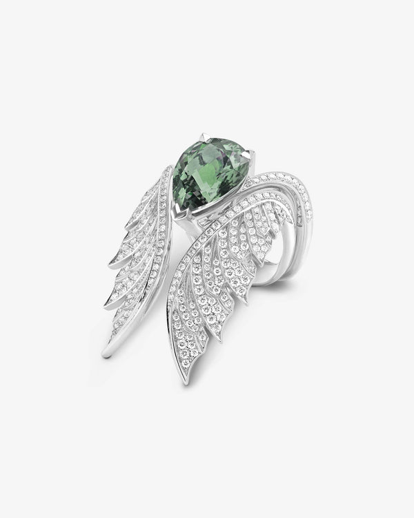 Angled view of Green Tourmaline Pear Inner Cocktail Ring in 18ct white gold with diamond pavé