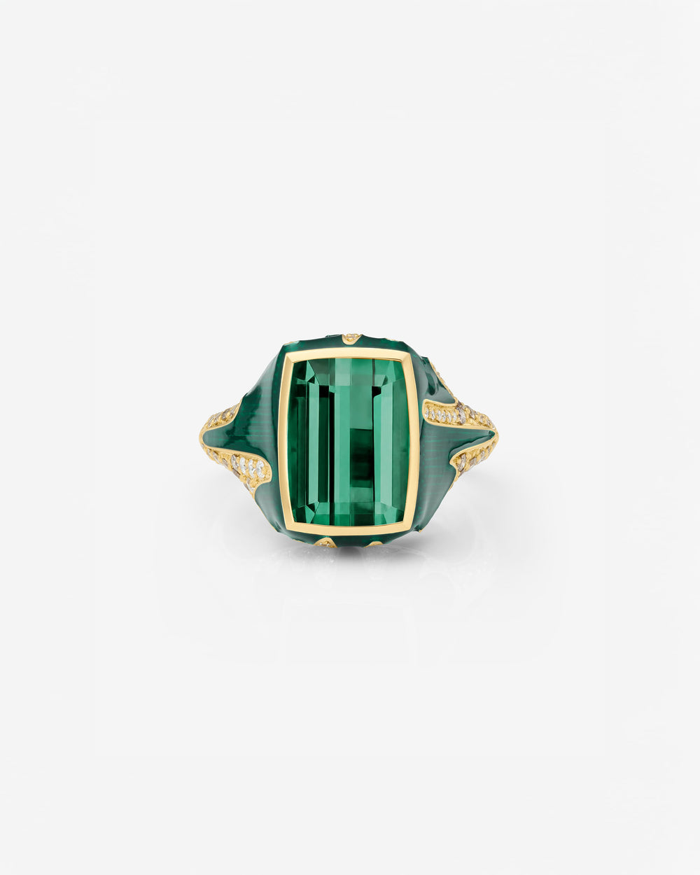 Green Tourmaline and 18ct Yellow Gold signet ring by Stephen Webster, side view