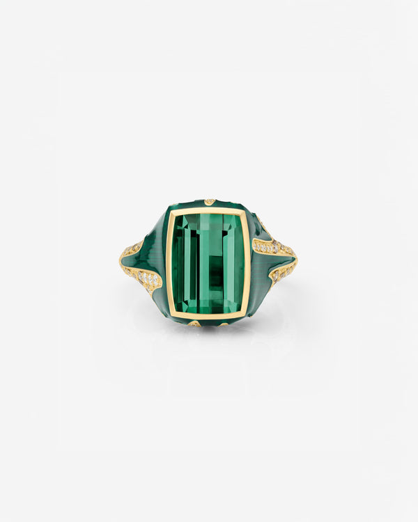 Green Tourmaline signet ring in 18ct Yellow Gold by Stephen Webster