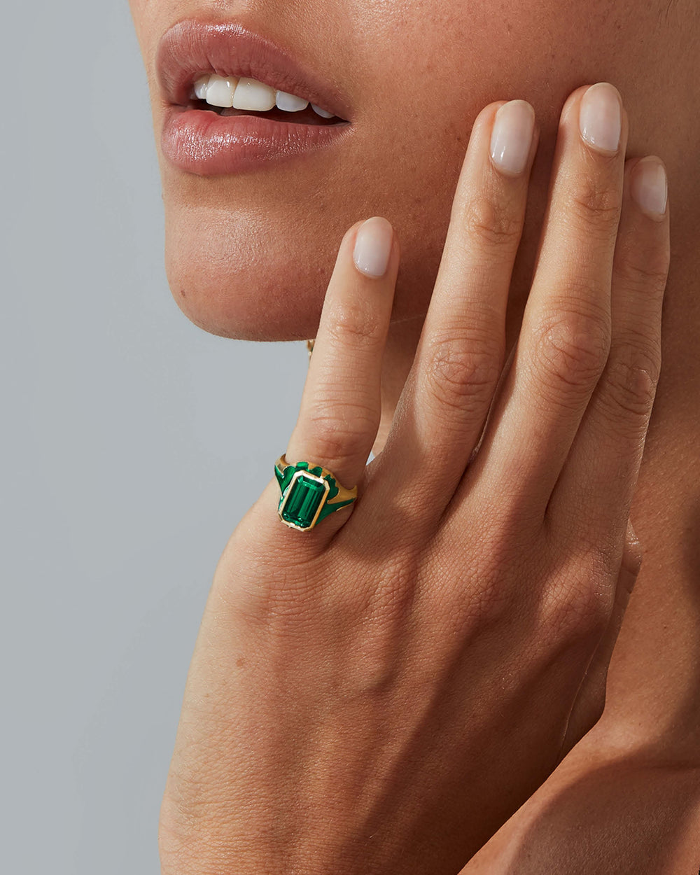 Green Tourmaline and 18ct Yellow Gold signet ring by Stephen Webster, side view