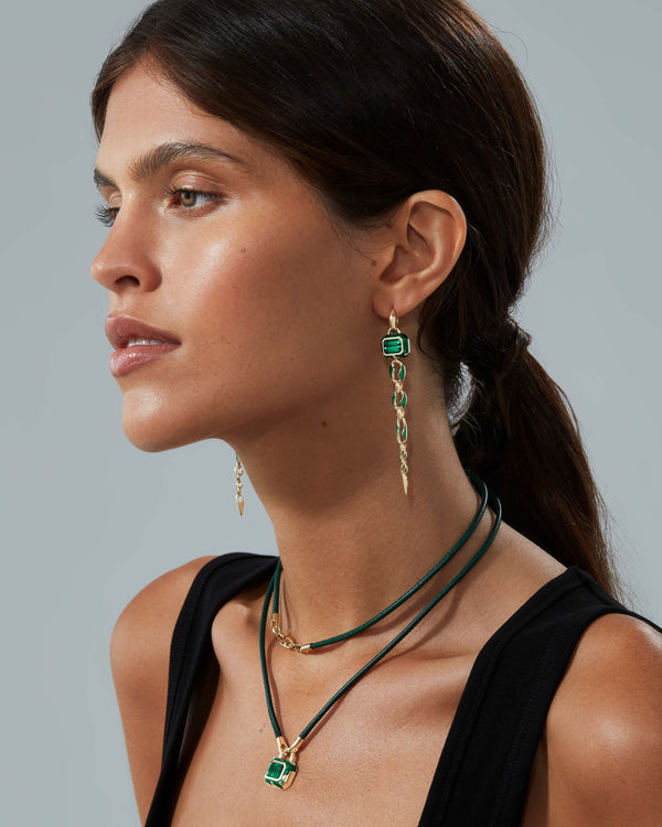Green Tourmaline triple link leather necklace styled with Stephen Webster luxury jewellery