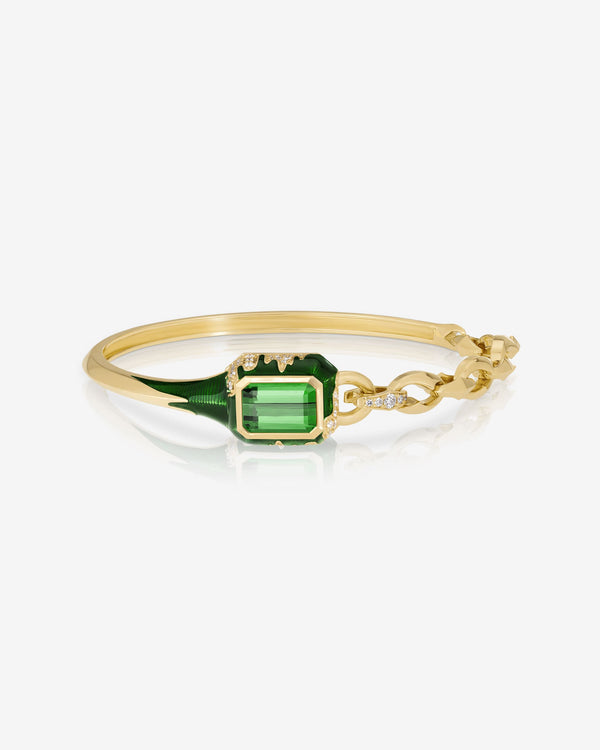 Green Tourmaline and 18ct Yellow Gold bangle bracelet by Stephen Webster, aerial view