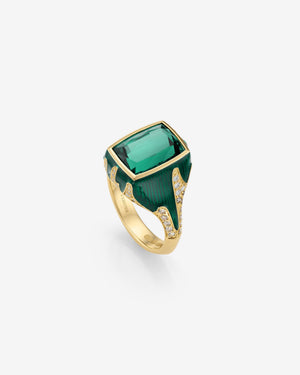 Green Tourmaline and 18ct Yellow Gold signet ring by Stephen Webster, side view