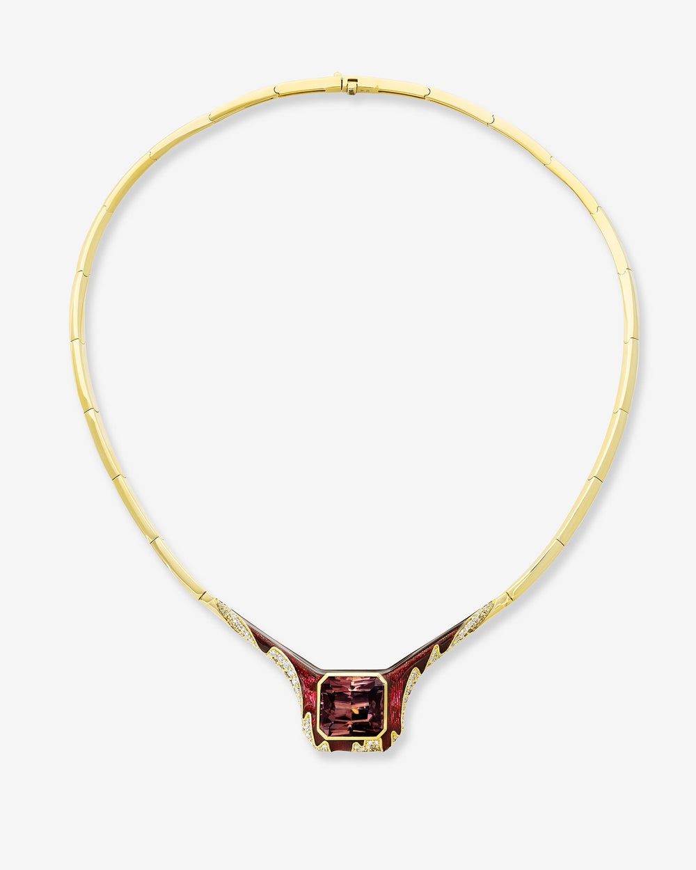 Full Bleed Horizon Collar necklace in 18 ct yellow gold with pink zircon centre and graduated brown & white diamonds — front view