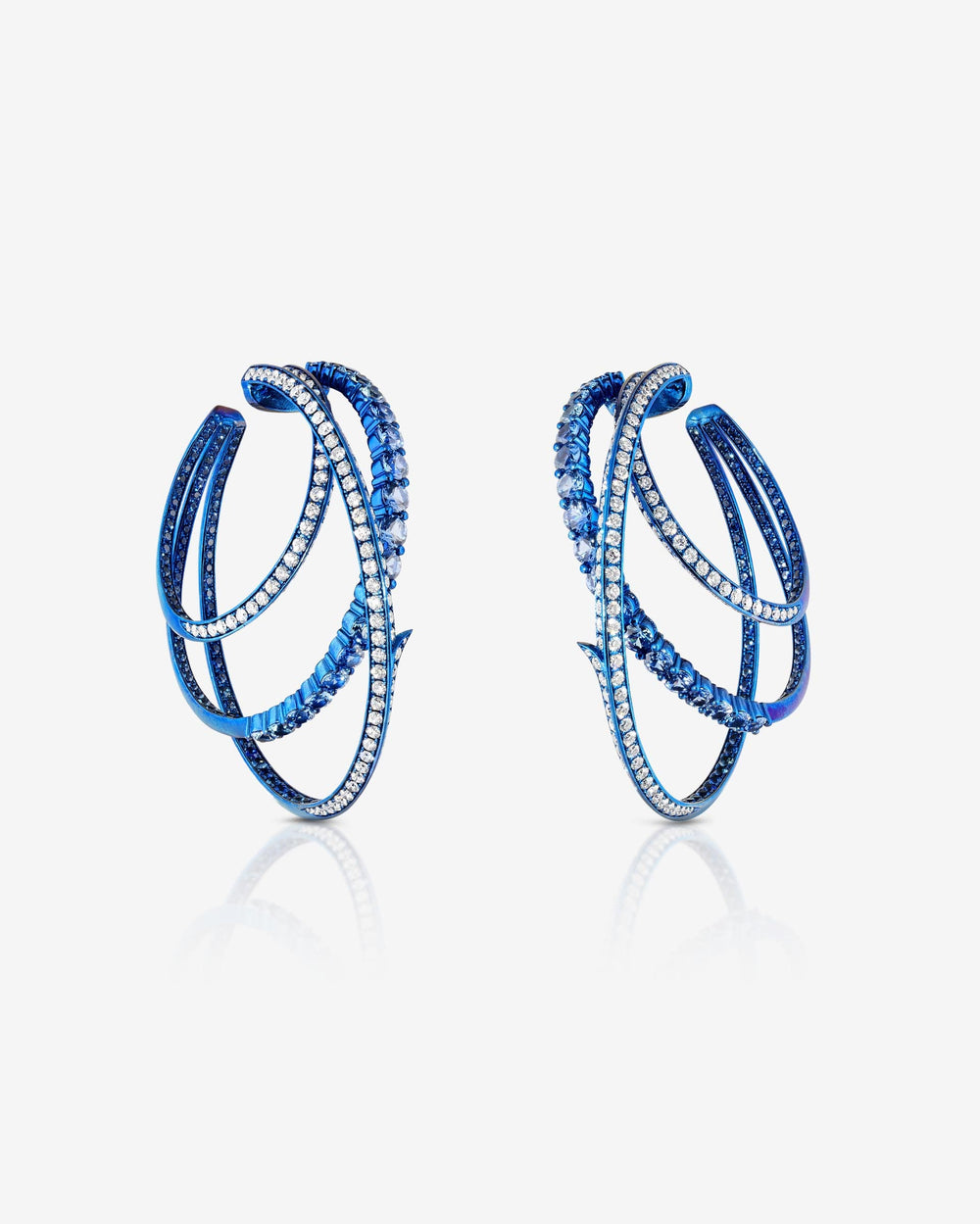 Thorn Embrace Blue Titanium Unraveled Hoops with light blue sapphires and white diamond pavé, luxury fine jewellery earrings