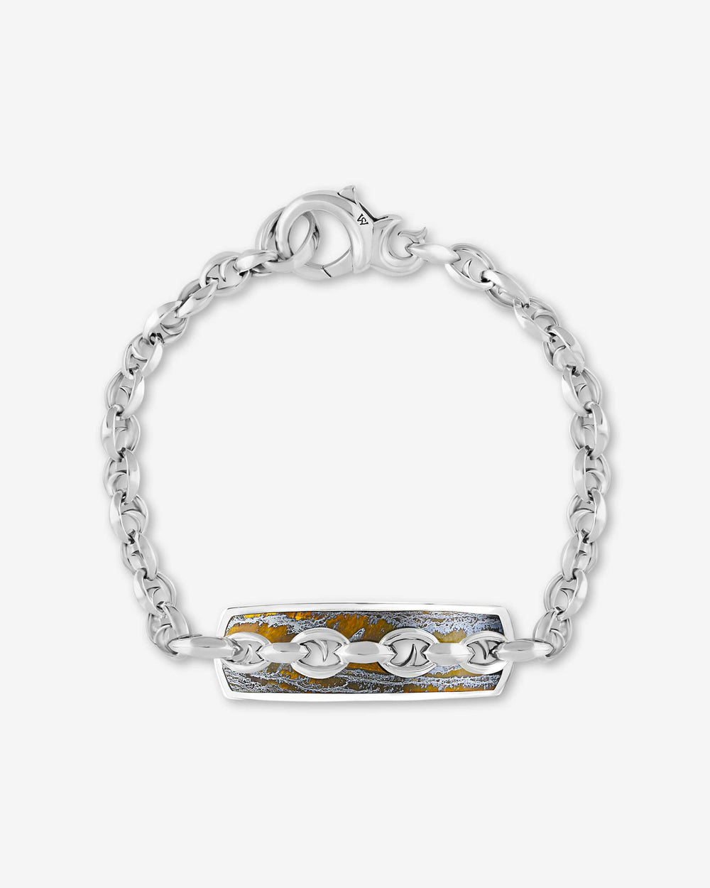 Men’s sterling silver Inline Razer Tiger Iron Bracelet by Stephen Webster with tiger iron inlaid ID tag and thorn-inspired link design
