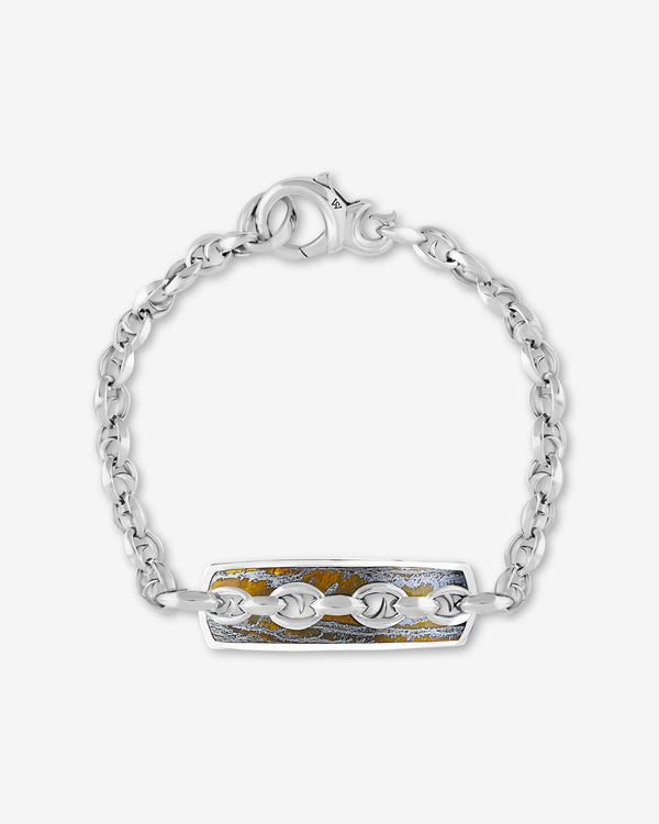 Men’s sterling silver Inline Razer Tiger Iron Bracelet by Stephen Webster with tiger iron inlaid ID tag and thorn-inspired link design