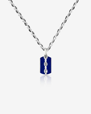 Men’s sterling silver Thorn Medium Razer Tag Lapis necklace by Stephen Webster with blue lapis inlay on reversible dog tag pendant
