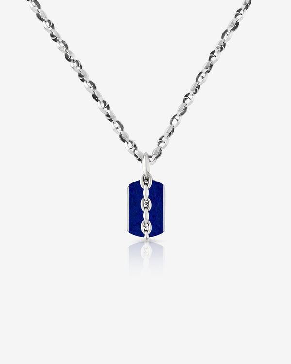 Men’s sterling silver Thorn Medium Razer Tag Lapis necklace by Stephen Webster with blue lapis inlay on reversible dog tag pendant
