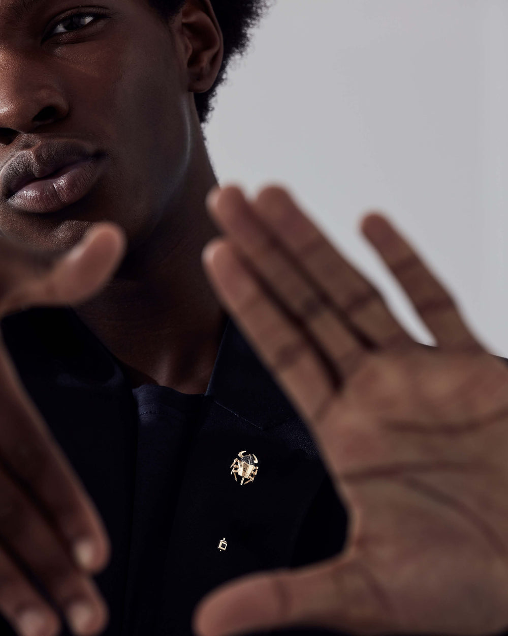 Stephen Webster Jitterbug Toro Beetle lapel pin in 18 ct yellow gold with black-diamond pavé and black spinel — front view