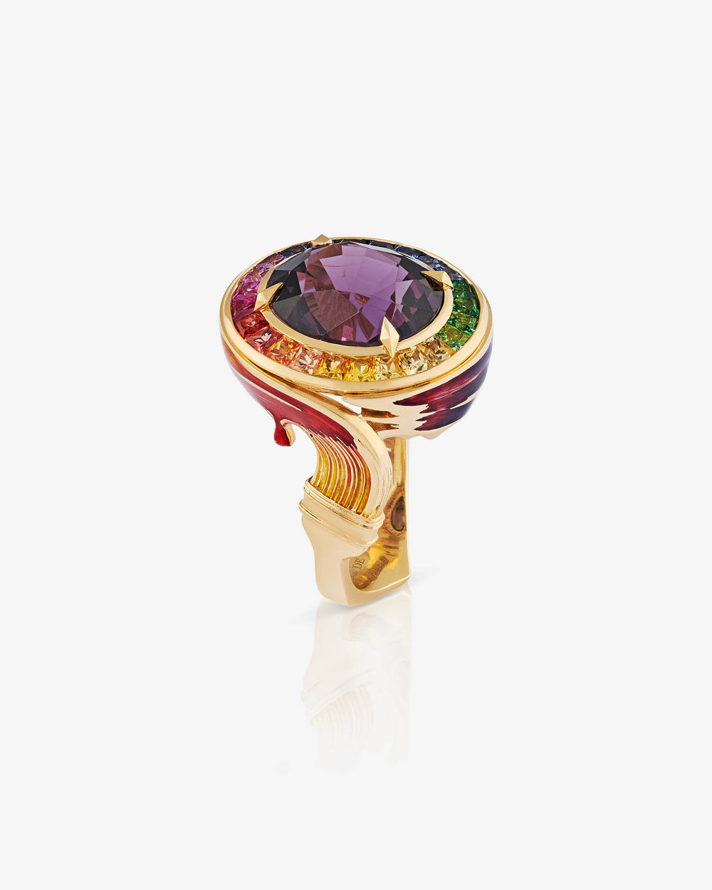 Joie De Vivre ReBelles ring in 18 ct yellow gold with central lilac spinel and rainbow sapphires & tsavorites — front view