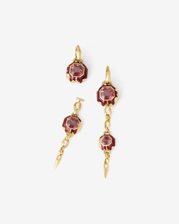 Long Pink Zircon drop earrings in 18ct Yellow Gold by Stephen Webster, detached view
