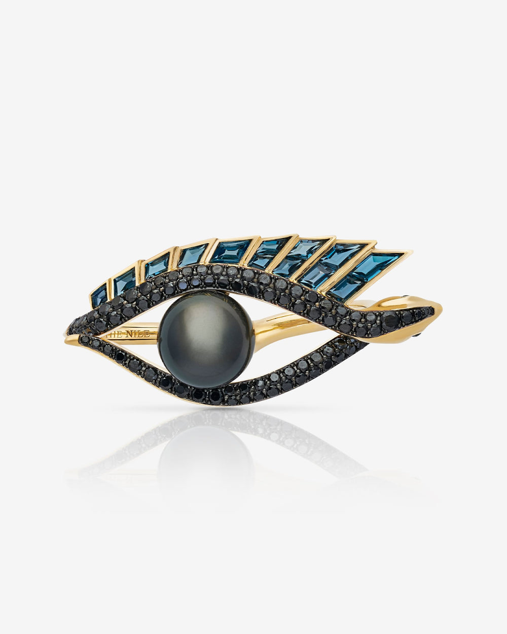 Love On The Nile cocktail ring in 18 ct yellow gold with central Tahitian black pearl, black diamonds, blue topaz baguettes and green tsavorites — front view