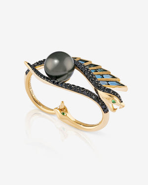 Side profile of Love On The Nile ring showing yellow-gold band and double-finger snake shank design