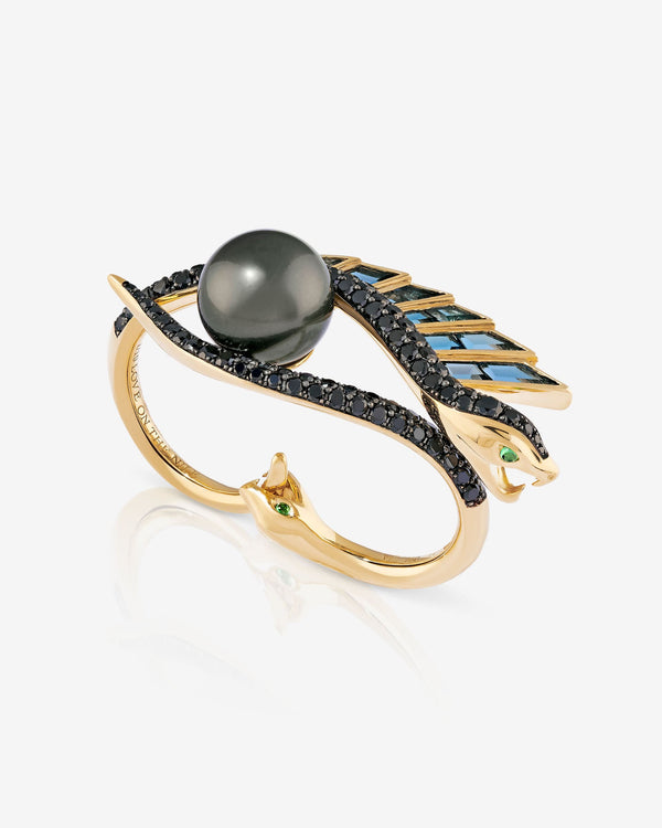 Side profile of Love On The Nile ring showing yellow-gold band and double-finger snake shank design