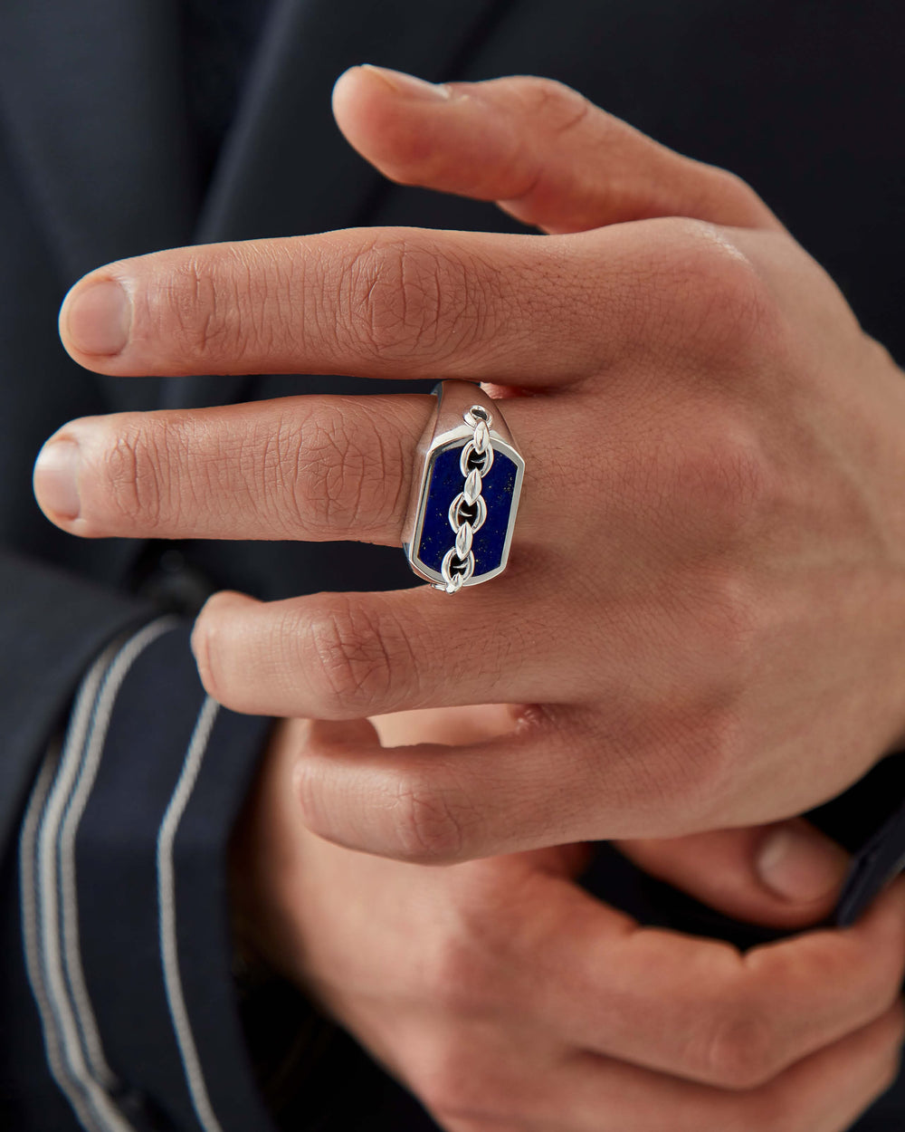Men’s sterling silver Inline Lapis Signet Ring by Stephen Webster with blue lapis gemstone inset