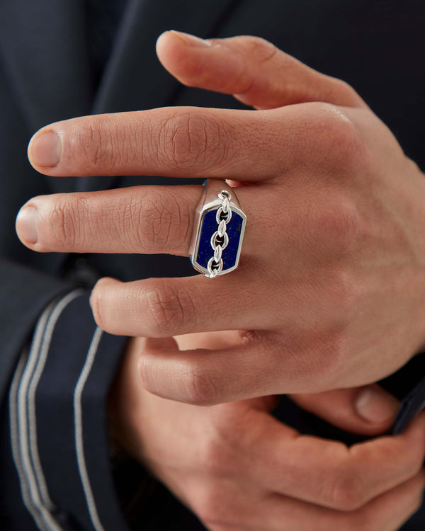 Macro close-up of Stephen Webster Inline Lapis Signet Ring on model’s finger showing lapis detail and polished finish