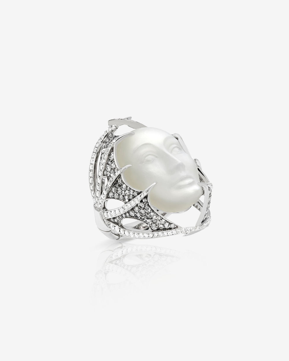 Making Waves ReBelles ring in 18 ct white gold with central carved moonstone face and pavé grey & white diamonds — front view