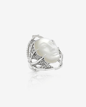Making Waves ReBelles ring in 18 ct white gold with central carved moonstone face and pavé grey & white diamonds — front view