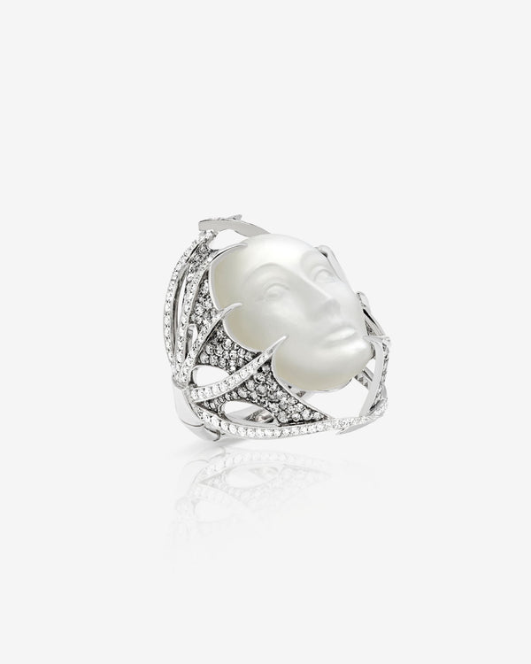 Making Waves ReBelles ring in 18 ct white gold with central carved moonstone face and pavé grey & white diamonds — front view